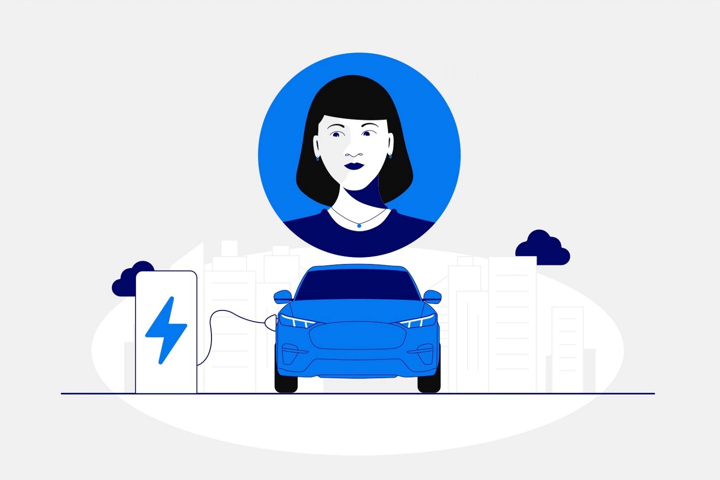 Image illustrée d'un visage de femme au-dessus d'un véhicule électrique branché à une borne de recharge.