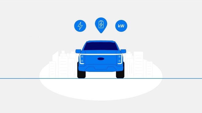 Image illustrée d'un F-150 Lightning avec trois icônes au-dessus représentant la charge, la batterie et les kilowatts.