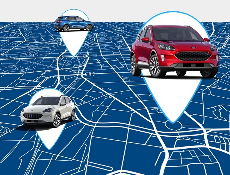 Un décor bleu avec l'emplacement de différents véhicules Ford
