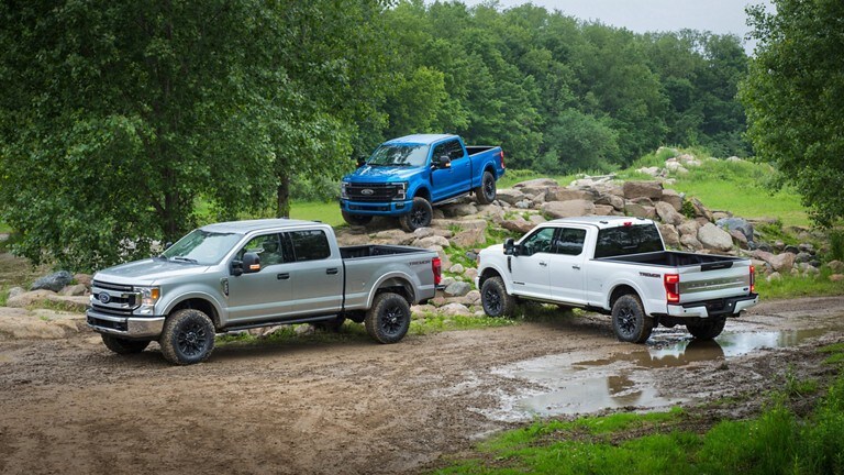 Trois camions Ford autour d'un monticule de boue