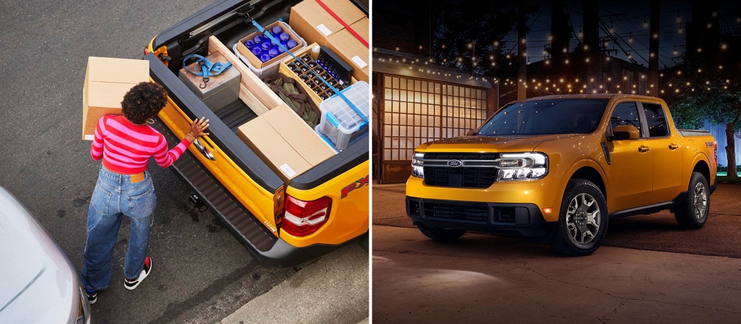 À gauche : Une femme charge une cargaison à l'arrière d'un Ford Maverick. À droite : Un Ford Maverick jaune garé dans une rue urbaine le soir.