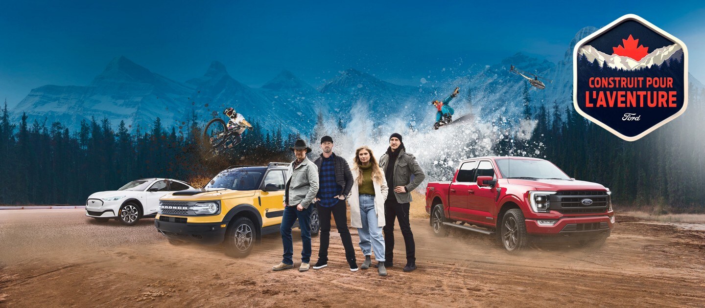 Un Ford F-150, Bronco Sport et Mustang Mach-E avec des gens. Construit pour l'aventure