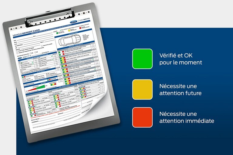 Un presse-papiers qui montre un bulletin de contrôle du véhicule pour lequel les statuts sont Verts : Vérifié & OK pour le moment. Jaune : nécessite une attention future. Rouge : nécessite une attention immédiate.