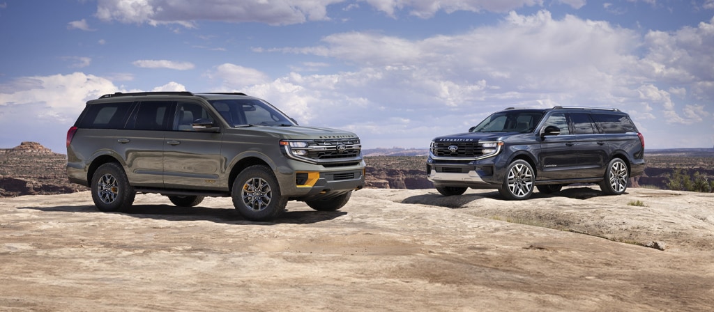 Un Ford Expedition® Tremor® 2025 et un autre modèle Expedition stationné sur un affleurement rocheux