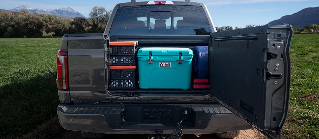 Vue arrière d’un camion Ford F-150® 2025 avec le hayon Pro Access ouvert montrant des articles dans la caisse