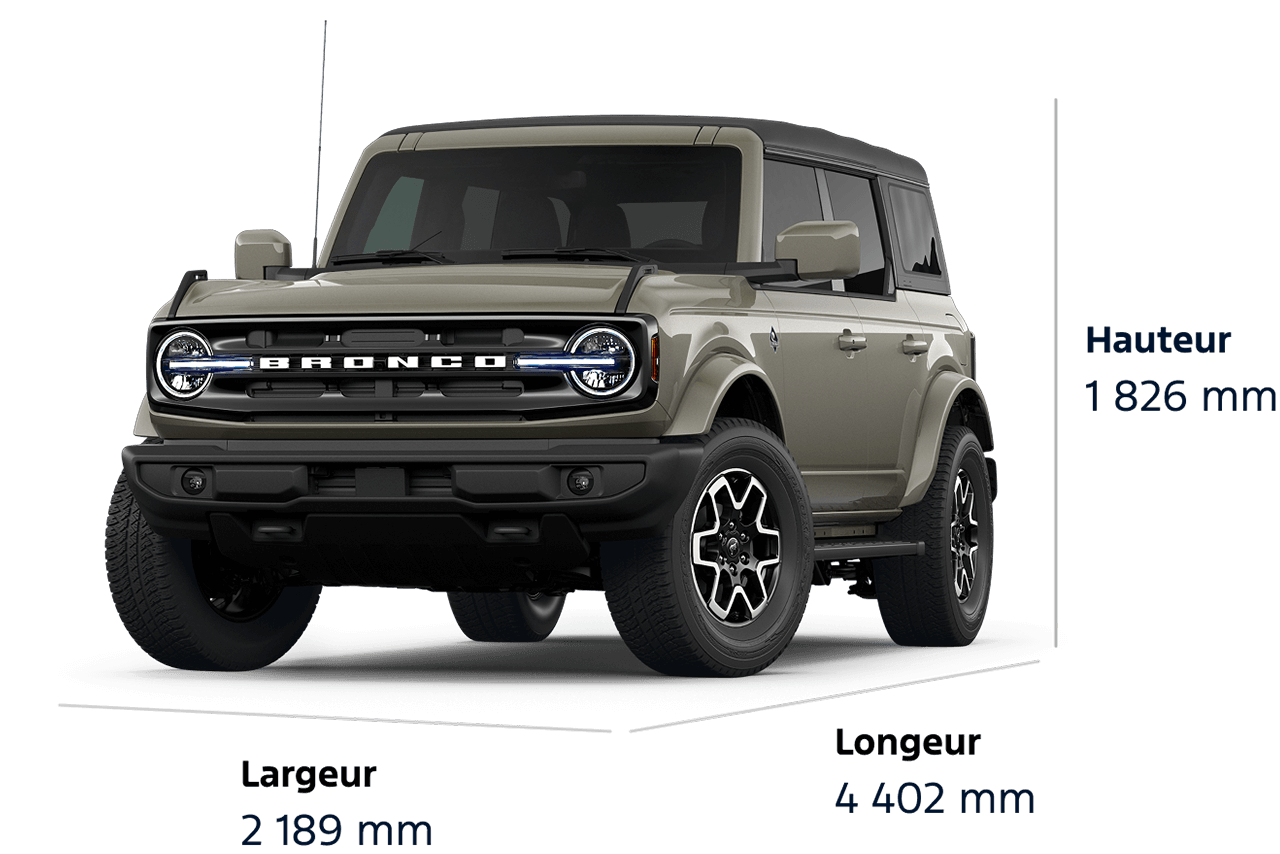 Diagramme dimensionnel du VUS Ford Bronco® Outer Banks® 2026 : hauteur 1 851 mm, largeur 2 189 mm, longueur 4 802 mm