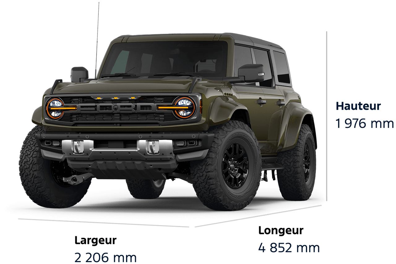 Diagramme dimensionnel d'un VUS Ford Bronco® Raptor® 2026 : hauteur 1 976 mm, largeur 2 206 mm, longueur 4 852 mm