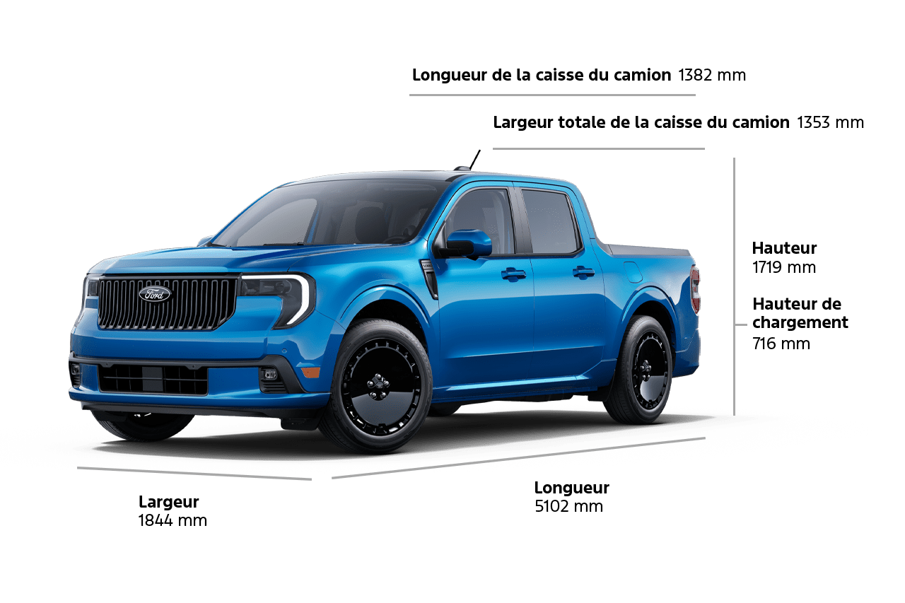 Un Ford Maverick® Lobo™ 2025, longueur 200,9 pouces, largeur 72,6 pouces, hauteur 67,7 pouces, hauteur de levage 28,2 pouces, longueur de la caisse 54,4 pouces, largeur de la caisse 53,3 pouces.
