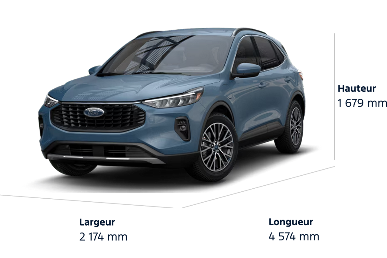 Dimensions du Ford Escape® hybride rechargeable 2025. Longueur : 180.1 po, Hauteur : 66.0 po, Largeur : 85.6 po.