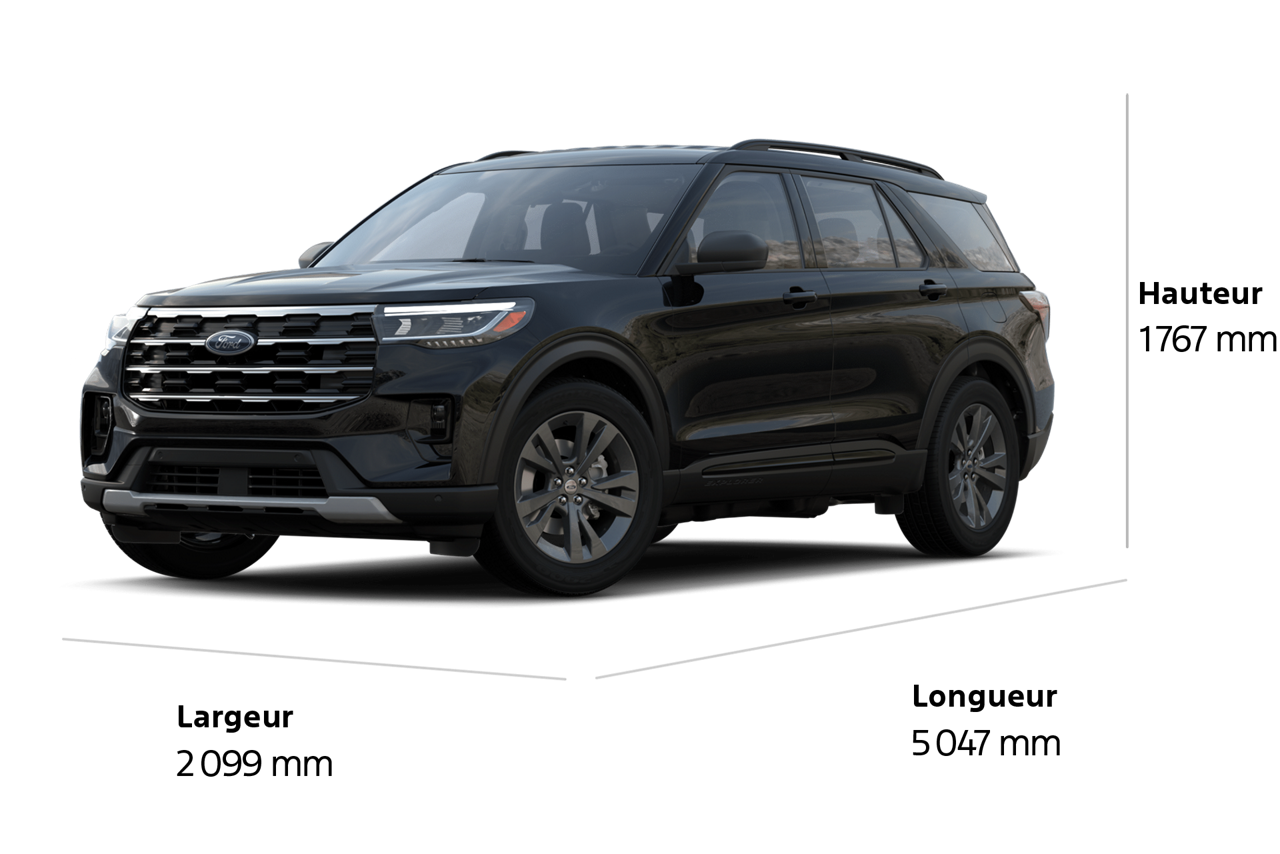 Un VUS Ford Explorer® Active™ 2025 en noir agate métallisé avec la largeur, la longueur et la hauteur en millimètres.