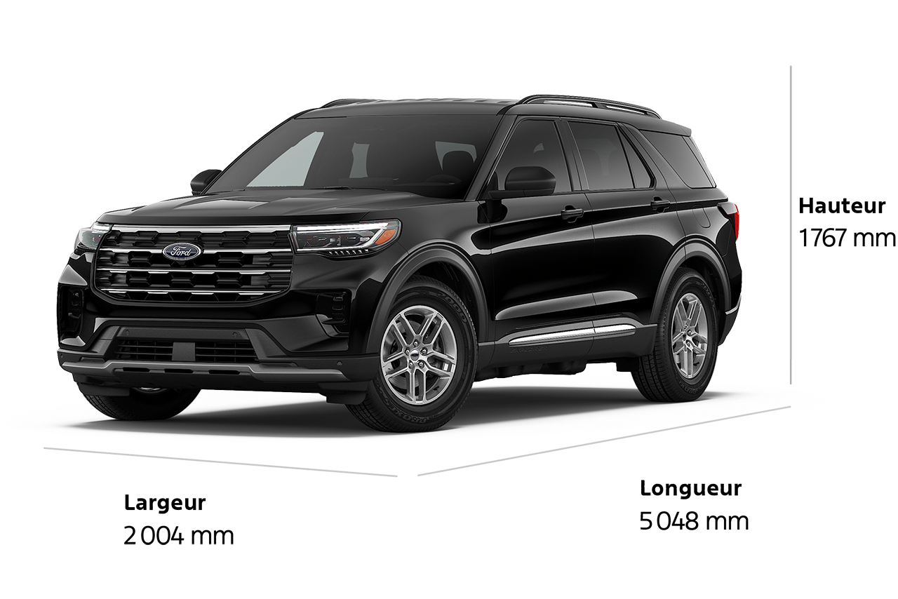 Un VUS Ford Explorer® Active 2026 d'une longueur de 5 048 mm, d'une largeur de 2 004 mm et d'une hauteur de 1 767 mm