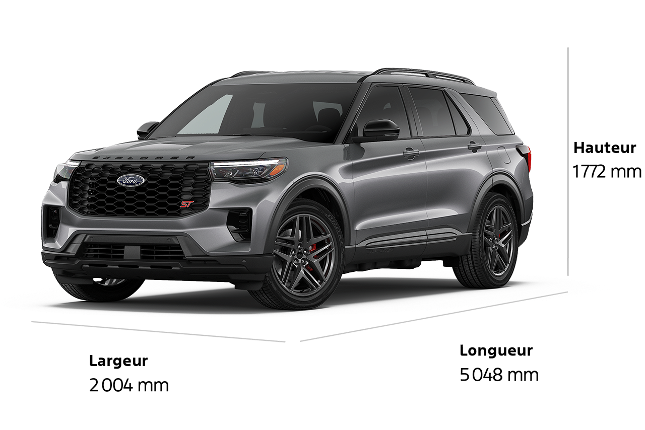 Un VUS Ford Explorer® ST 2026 d'une longueur de 5 048 mm, d'une largeur de 2 004 mm et d'une hauteur de 1 772 mm