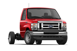 Fourgon tronqué Ford série E 350 2025 à roues arrière simples couleur rouge course illustré à angle 3/4