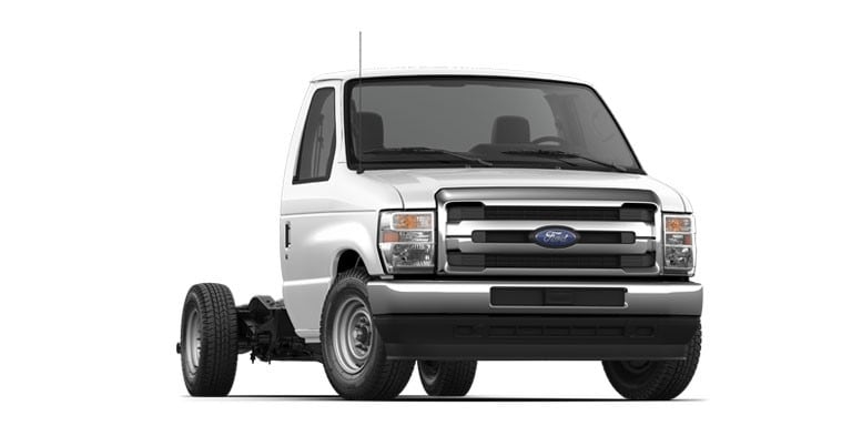 Profil latéral du fourgon tronqué Ford 350 série E 2026 à roues arrière jumelées couleur rouge course illustré