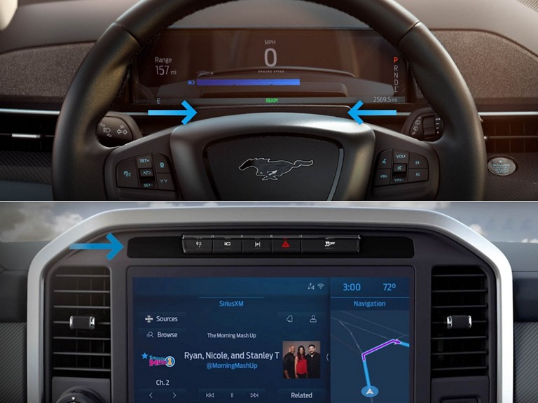 Image divisée dont le haut montre la caméra intégrée au tableau de bord et le bas montre l’écran tactile central