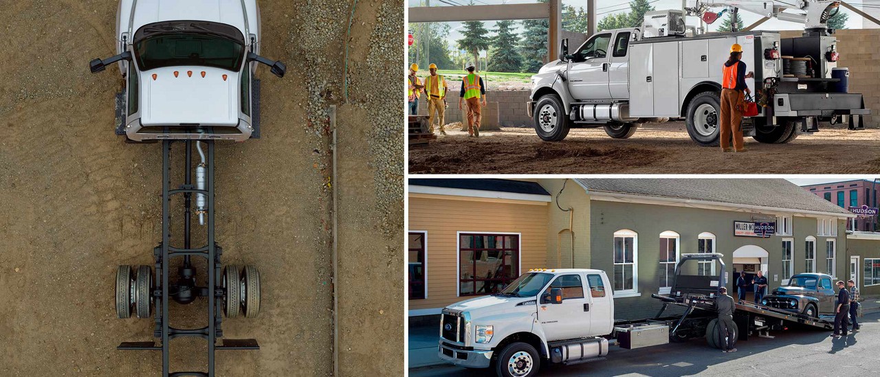 Camion poids moyen Ford 2025 à cabine simple et modèles Ford F-750 et F-650 à cabine double, le tout en blanc Oxford
