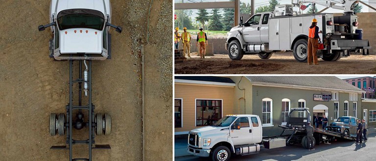 Camion poids moyen Ford 2026 à cabine simple et modèles Ford F-750® et F-650® à cabine double, le tout en blanc Oxford