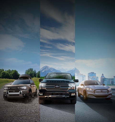 La gamme de véhicules Ford est présentée de gauche à droite : Escape, Bronco Sport, F-150, Mach-E et Explorer.