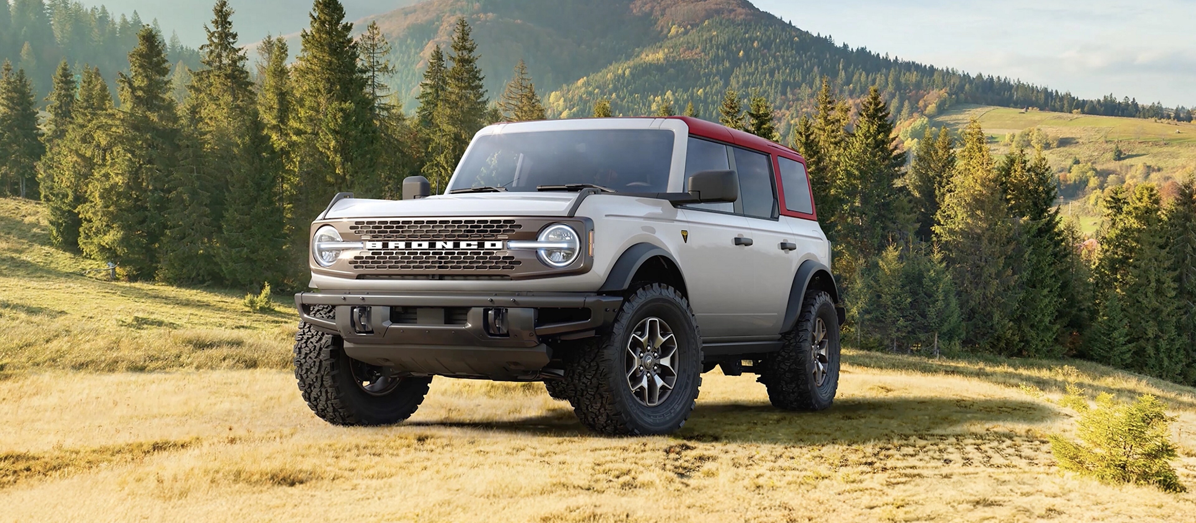 Un VUS Ford Bronco® 2026 stationné sur une colline herbeuse dans les montagnes