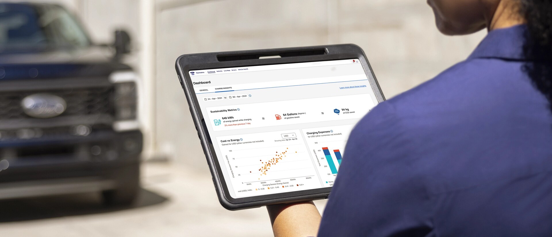 Un travailleur utilisant une tablette alors qu’un Ford Super Duty® à châssis-cabine 2026 apparaît flou en arrière-plan