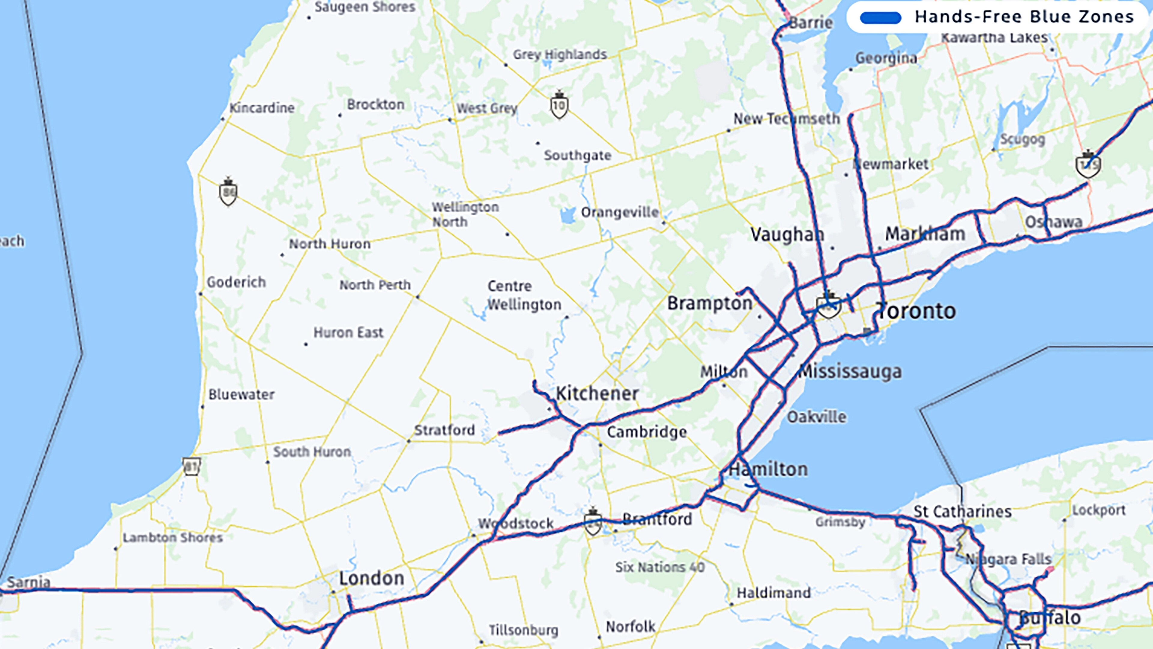 Une carte du sud de l’Ontario montrant les autoroutes zone bleue