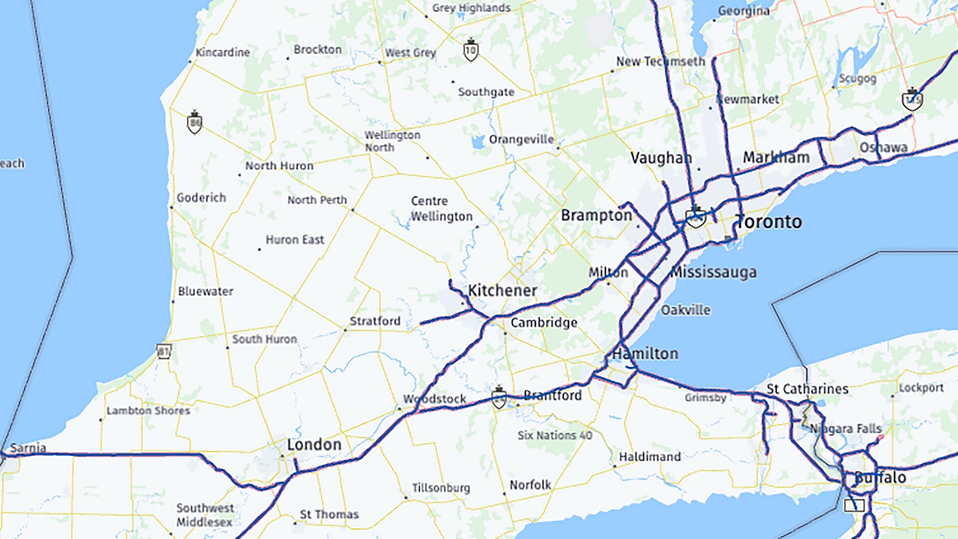 Une carte du sud de l’Ontario montrant les autoroutes zone bleue