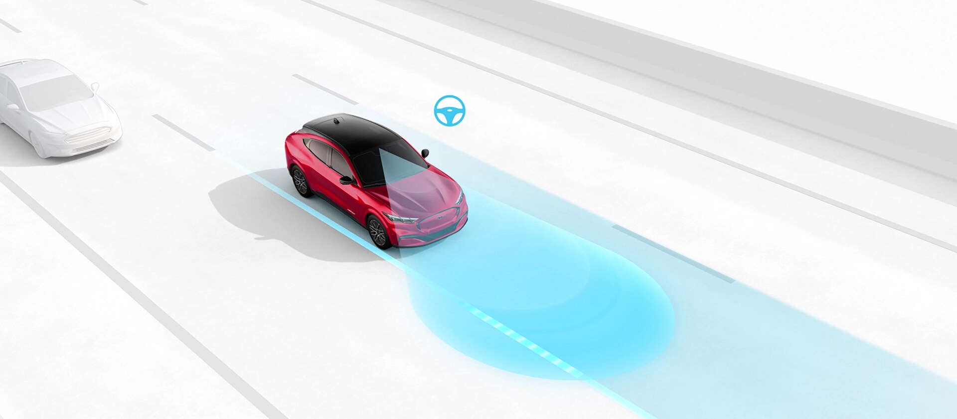 Illustration d’une Ford Mustang Mach-E® 2025 utilisant la technologie Ford Co-Pilot360®