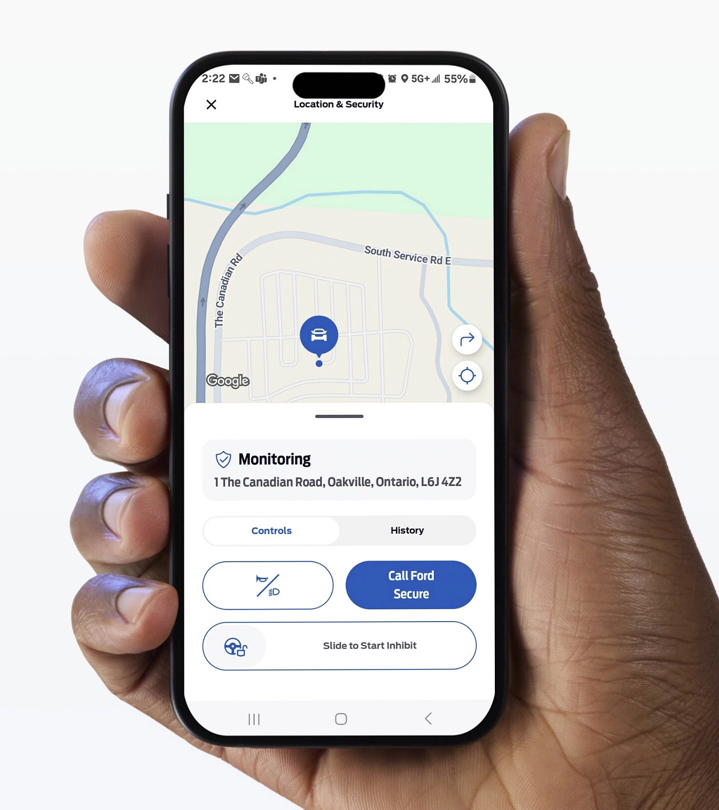 Téléphone intelligent affichant la fonction Start Inhibit dans l’application Ford.