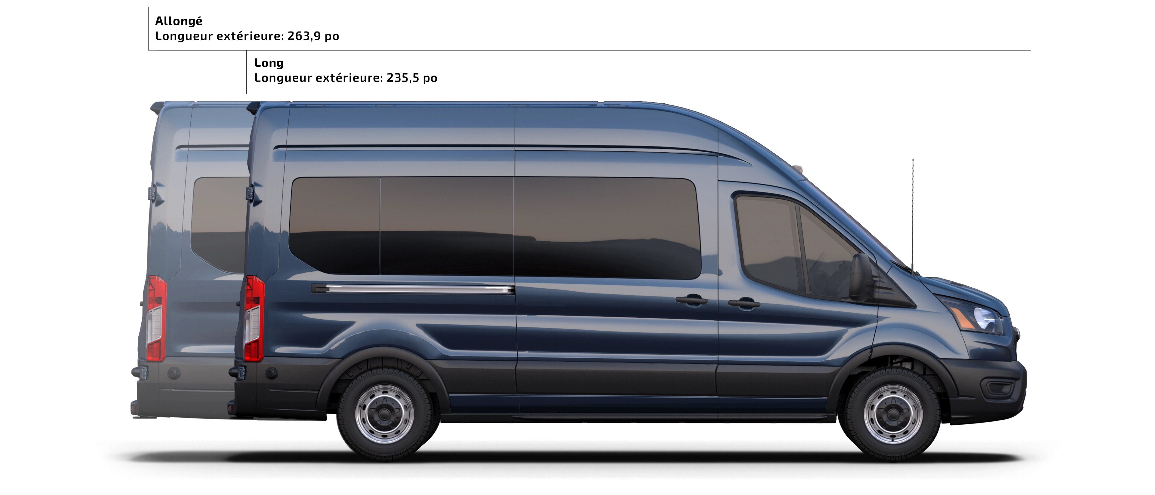 Illustration des deux longueurs d’une fourgonnette Ford Transit® 2025 avec dimensions