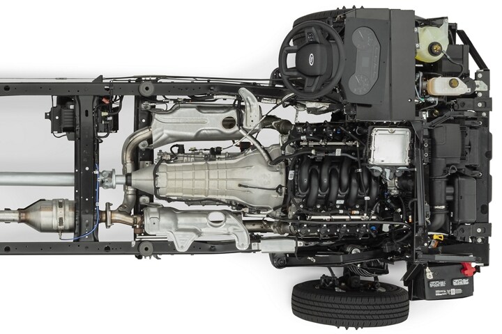 Vue de dessus d’un châssis nu Ford série E 2025 sans carrosserie