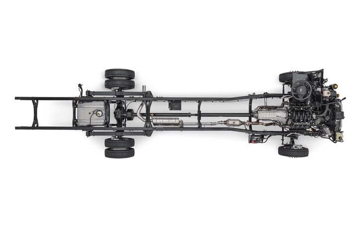 Vue de dessus d’un châssis nu Ford E-350 commercial 2025 sans carrosserie