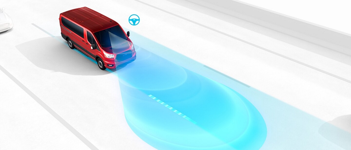 Illustration d’une fourgonnette Ford Transit® 2025 analysant la route devant elle.